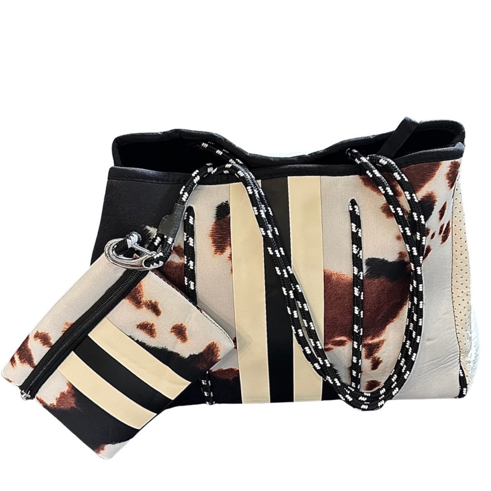 BOUTIQUE Animal Print Colorblock Stripe (large) Neoprene Tote Bag & Pouch Set